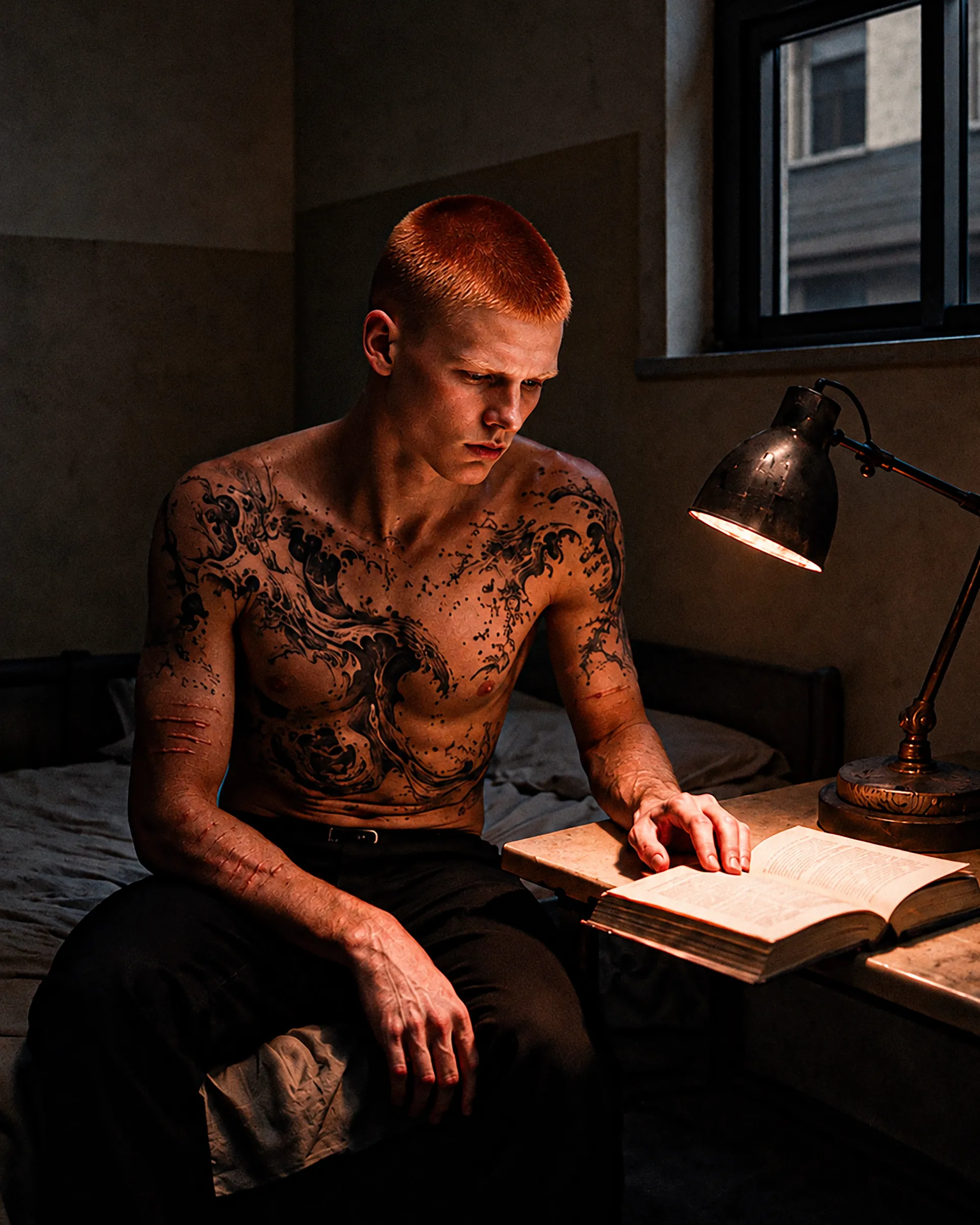 Liam lit un livre sous une lampe